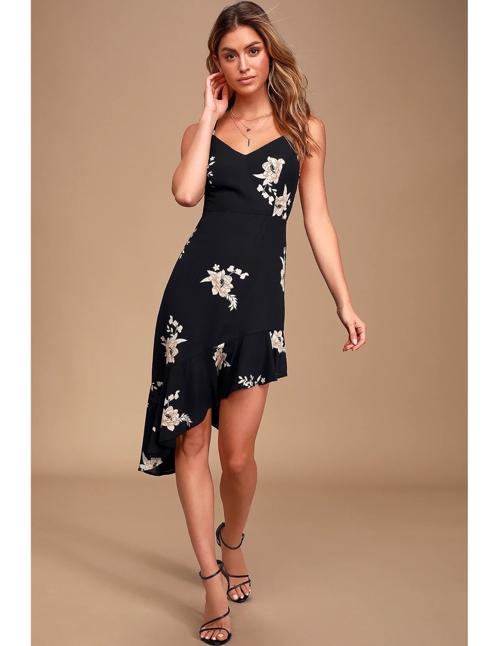 Lulus Floral for One Black Floral Print Asymmetrical Lightweight Midi Dress